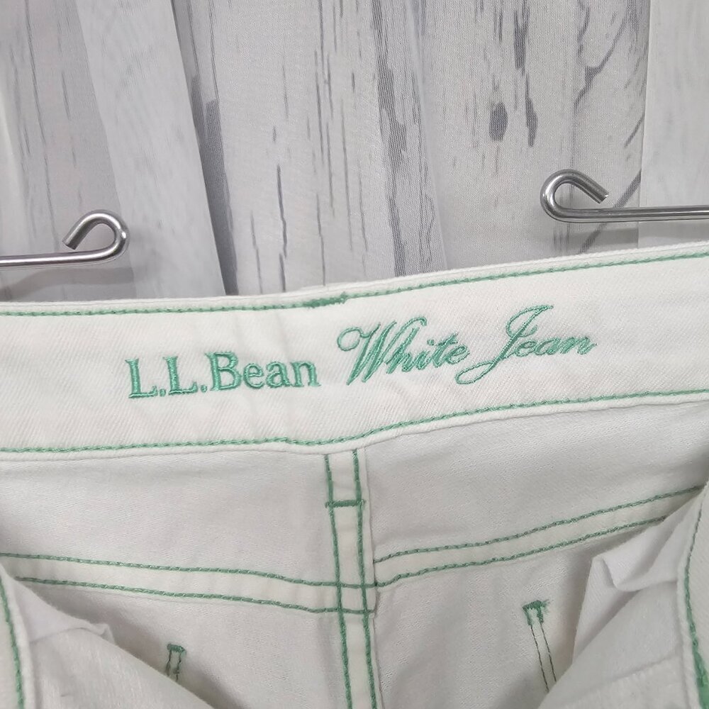 L.L. Bean White Jean Green Preppy Boot Cut Belted Cotton Jeans Size 12 - Picture 11 of 15